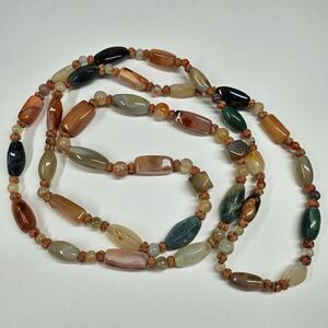 Agate Necklace 51" Multicolor Beaded Hand Knotted Semi Precious Stones Vintage